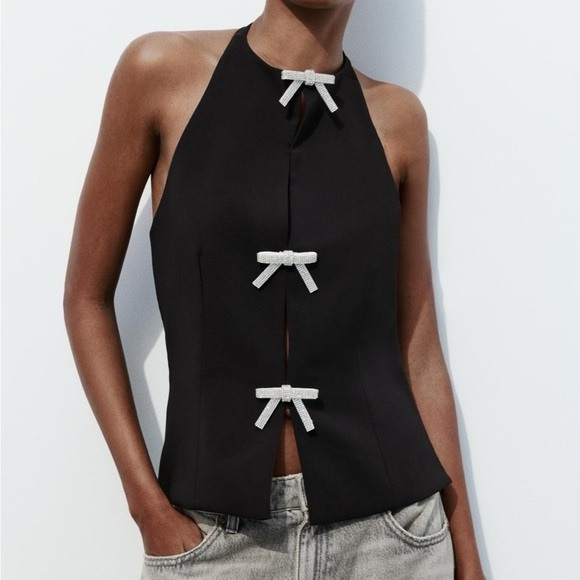 Zara Tops - Zara Black Halter Top with Sparkly Rhinestone Bow Details